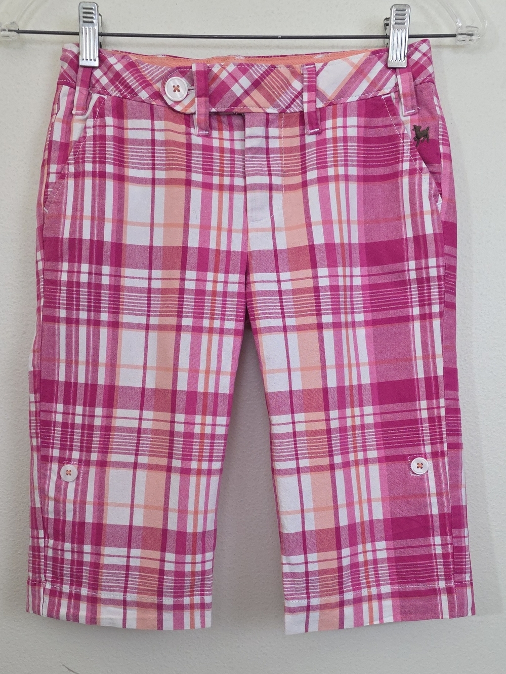 So Wear It Declare It Pink, Orange, White Plaid Cotton Capri Or Tab  Shorts 10